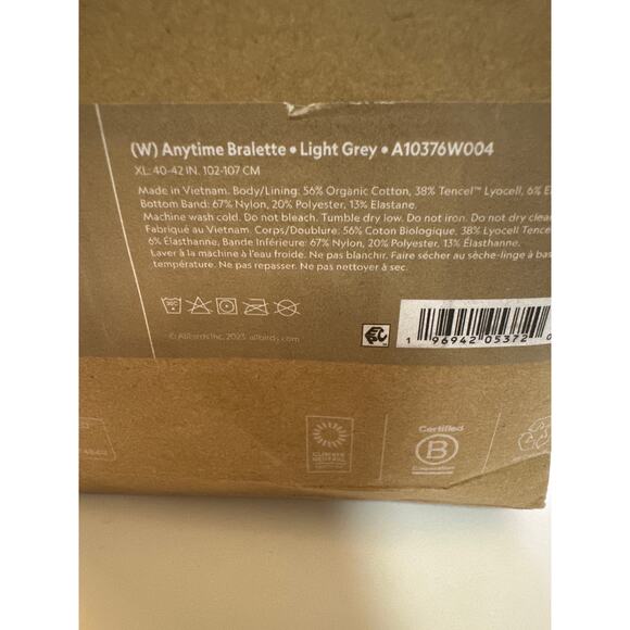 ALLBIRDS Organic Cotton Anytime Bralette Light Gray Size XL New - Picture 4 of 4